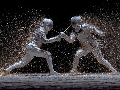 fencers sword clash under spotlight