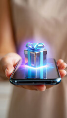 a person's hand holding a modern smartphone, with a glowing holographic gift box floating above the screen