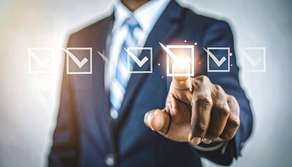 Businessman touching a check mark, signifying progress or task completion