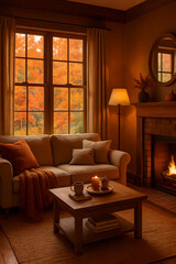 Fototapeta premium Autumn interior. Cozy autumn atmosphere in a warm room, soft interior, yellow light from a lamp/fireplace.