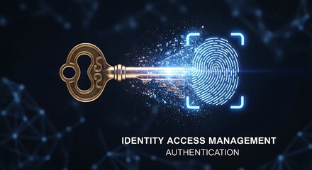 Identity access management, authentication, and cybersecurity concept with a key and a fingerprint scan on a dark blue background with connecting dots