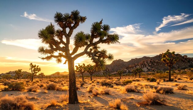 Golden sunset over a desert landscape with Joshua trees - Powered by Adobe