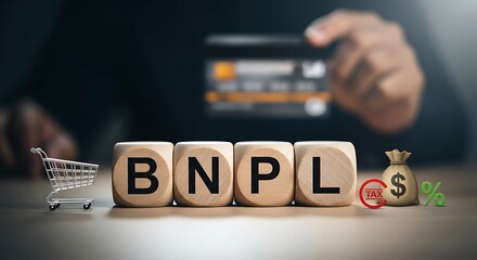 Buy now pay later bnpl concept with wooden blocks spelling out bnpl, shopping cart, money bag, and hand holding credit card for flexible payment options