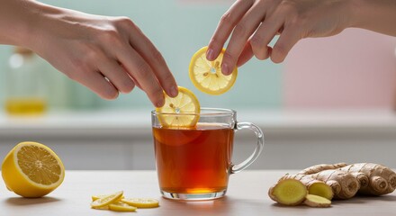 Two hands adding lemon slices to cup of tea with ginger on table