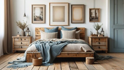 Cozy rustic bedroom with wooden bed and furniture, decorated with blankets and artwork