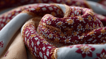 Indonesian batik fabric in soft red, cream, and tosca tones, showcasing geometric patterns with a traditional woven motif