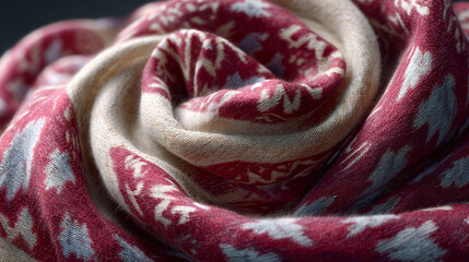 Indonesian batik fabric in soft red, cream, and tosca tones, showcasing geometric patterns with a traditional woven motif	