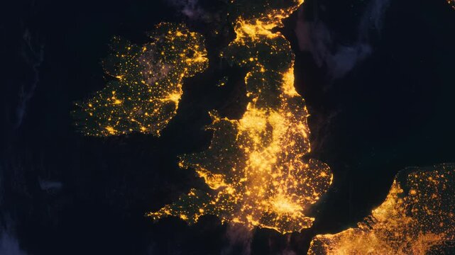 Wales Zoom In. View from Space Orbit. UK and Planet Earth at Night. Night Globe