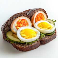 Delicious soft boiled eggs with creamy yolks and bright orange centers served on dark rye bread with fresh cucumber slices and green herbs for breakfast