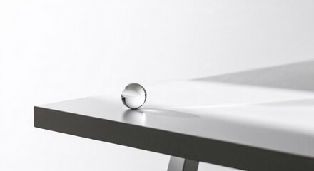 Glass sphere rolling on edge of modern table in minimalist style 