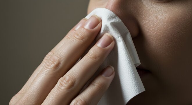 Woman using tissue to wipe her nose in indoor setting