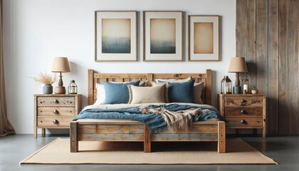 Rustic wooden bedroom with natural light and cozy bedding, featuring artwork and bedside tables