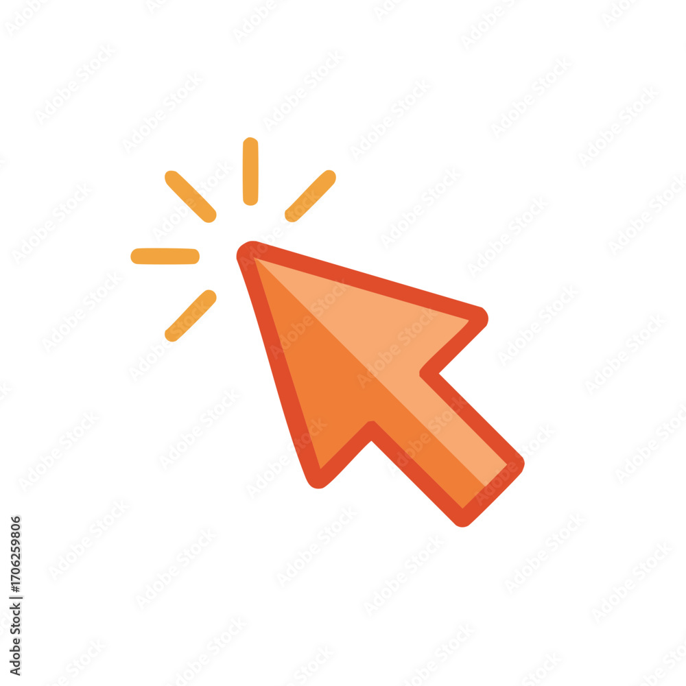 Poster orange cursor icon with rays, symbol of selection and clicking in digital design