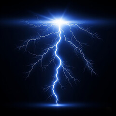 lightning in the night sky. Powerful blue lightning bolt against black background.