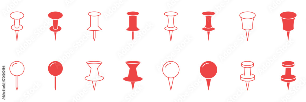 Poster push pin and thumbtack line and solid icon set. office and organization tool outline and silhouette 