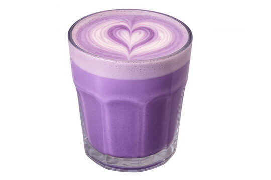 Glass of purple ube latte decorated with a heart-shaped foam art, isolated on a transparent background
