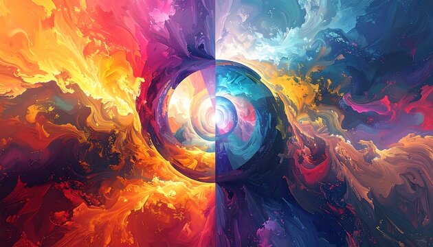 Abstract vibrant colors swirl around a central sphere