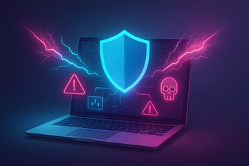 Laptop protected by shield with warning symbols and electric bolts, neon cybersecurity concept showing malware defense, antivirus protection and system safety on dark gradient background.