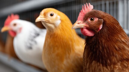 Fototapeta premium Two young chickens, one fluffy and yellow and the other a more defined orange, curiously look out from their cage in bright light