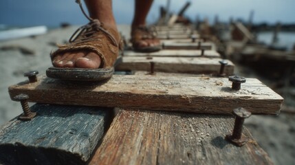 Person&rsquo;s feet on wooden platforms with painted nails