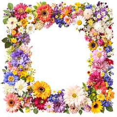 Vibrant and Colorful Floral Frame with Diverse Fresh Blossoms on White Background, Offering Blank Copy Space for Spring and Summer Designs, Invitations, or Greetings
