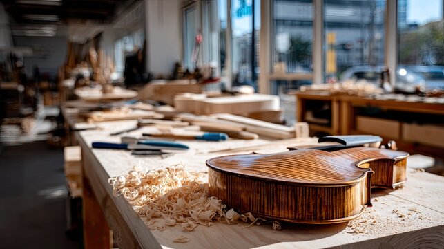 A wooden violin rests on a workbench in a workshop filled with tools, sunlight filtering through the windows, showcasing craftsmanship