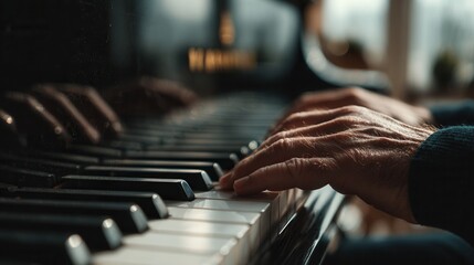 Pianist hands playing a grand piano side view