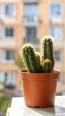 Small cactus in terracotta pot, raindrops on window