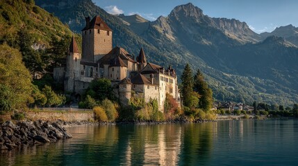 Fototapeta premium Picturesque castle atop a hill overlooking valley