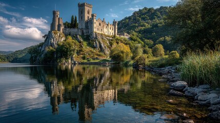 Fototapeta premium Picturesque castle atop a hill overlooking valley