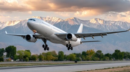 An airplane approaches landing on a runway surrounded by colorful autumn trees and mountains under a stunning sunset sky