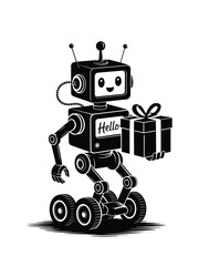 Cute retro robot holding a gift box with hello message