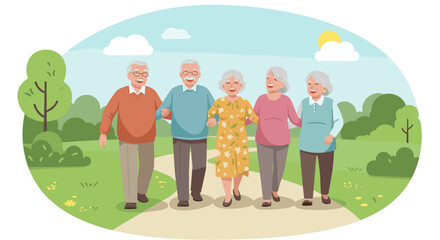 Elderly friends with happy faces walk together along a spring path holding hands. Illustration of happiness in adulthood for charity projects.