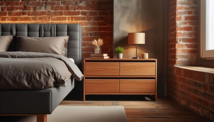 Cozy bedroom interior with a large bed, wooden dresser, and brick wall, creating a warm and inviting atmosphere