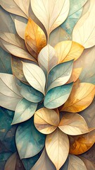 Detailed, layered leaves in pastel colors, gold accents, and marbled patterns