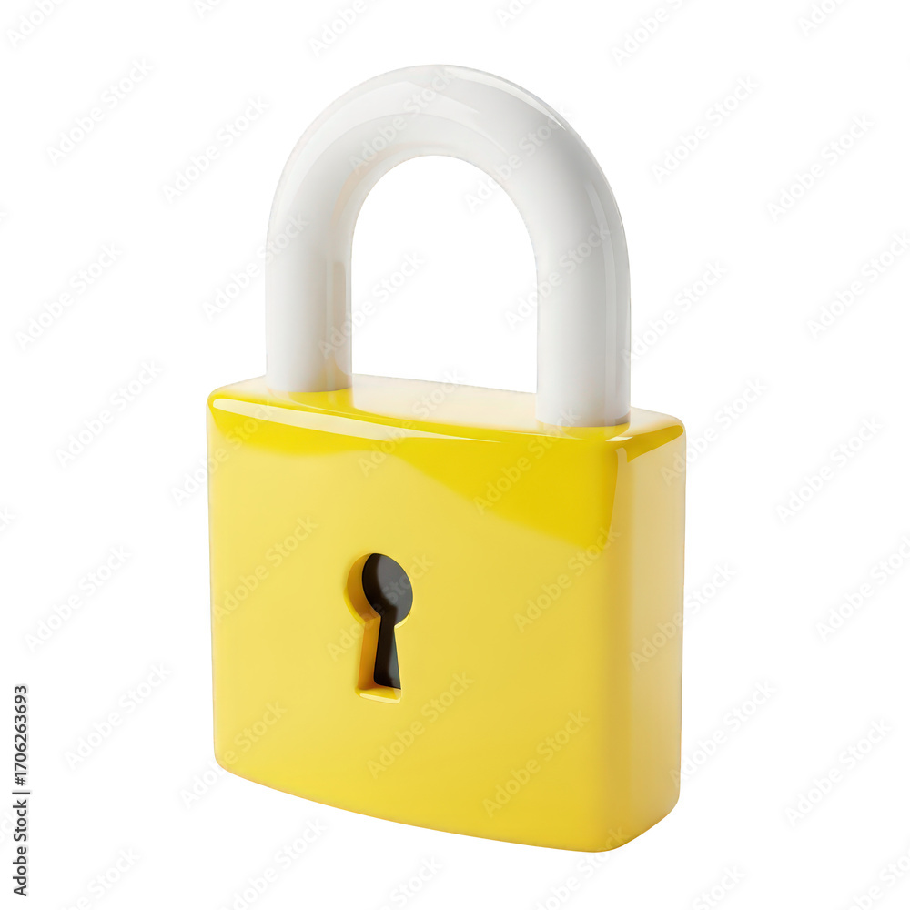 Poster a 3d render of a yellow padlock with a white handle standing tall against a transparent background, 