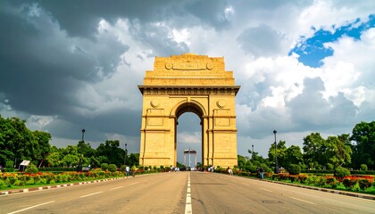 India Gate Monument in New Delhi, India, under cloudy sky.