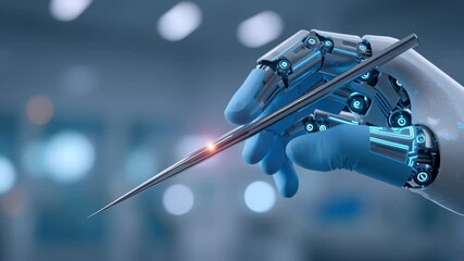 AI robotic hand surgery tool laser precision sterile hospital lab, calm focus guides forceps and glove with steady control, ai diagnosis spark - Powered by Adobe