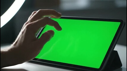 Close-up of a person's hand tapping and swiping on a tablet computer with a green chroma key screen. - Powered by Adobe