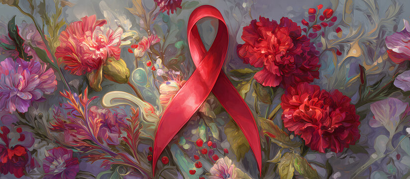 World AIDS Day awareness banner with red ribbon and floral design.
