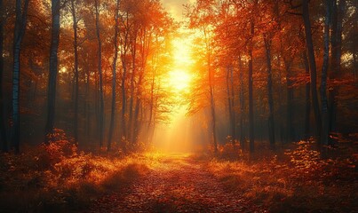 Path Through a Forest Bathed in Golden Autumn Light, A Stunning Vista