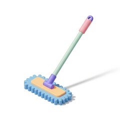 A vibrant 3D illustration of a floor mop, depicted with soft pastel colors including a blue head, orange base, purple connector, light green handle, and pink grip, casting a subtle shadow on a white