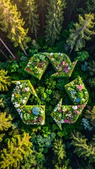Aerial view of a recycling symbol in a forest garden
