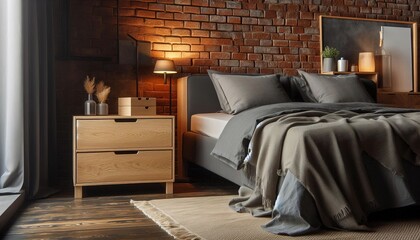 Cozy bedroom interior with a brick wall, wooden furniture, and warm lighting, creating a rustic and inviting atmosphere