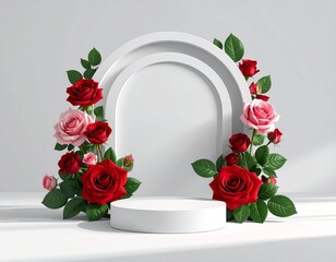 Elegant white podium framed by a smooth minimalist arch, surrounded by lush red and p.jpg