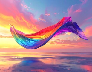 Colorful fabric billowing in sunset sky