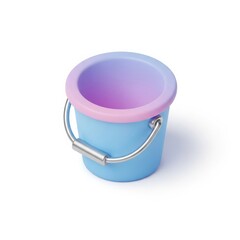 A charming 3D rendered illustration of a blue bucket with a pink rim and purple interior, featuring a metallic handle, presented as a cleaning tool icon on a white background