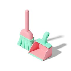 A playful 3D illustration features a pastel pink and mint green broom and dustpan, depicted as charming cleaning tools on a white background with soft shadows