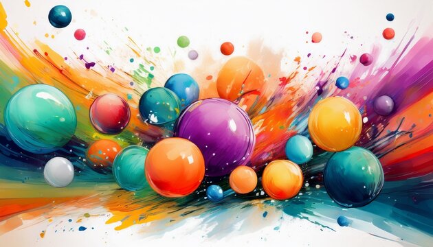 bright horizontal banner with bright jumping bouncing balls on a white background