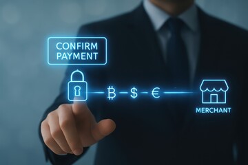 Businessman confirms secure digital payment transaction with merchant